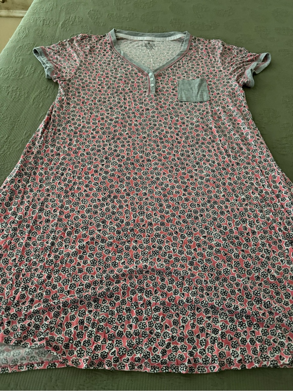 Cuddl Duds Pink Floral Nightshirt with Gray Trim